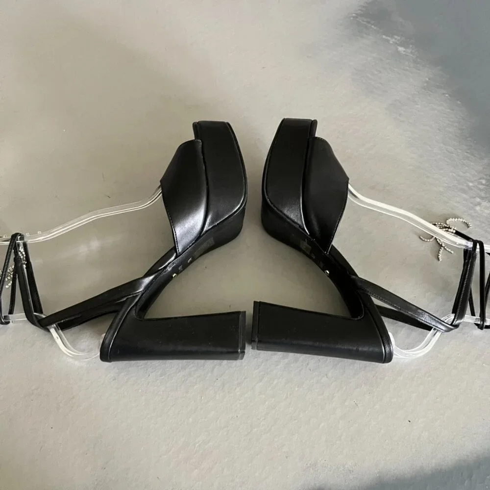 Raye Revolve Black Dot Platform Tie Up Wrap Block Heels - Picture 9 of 14